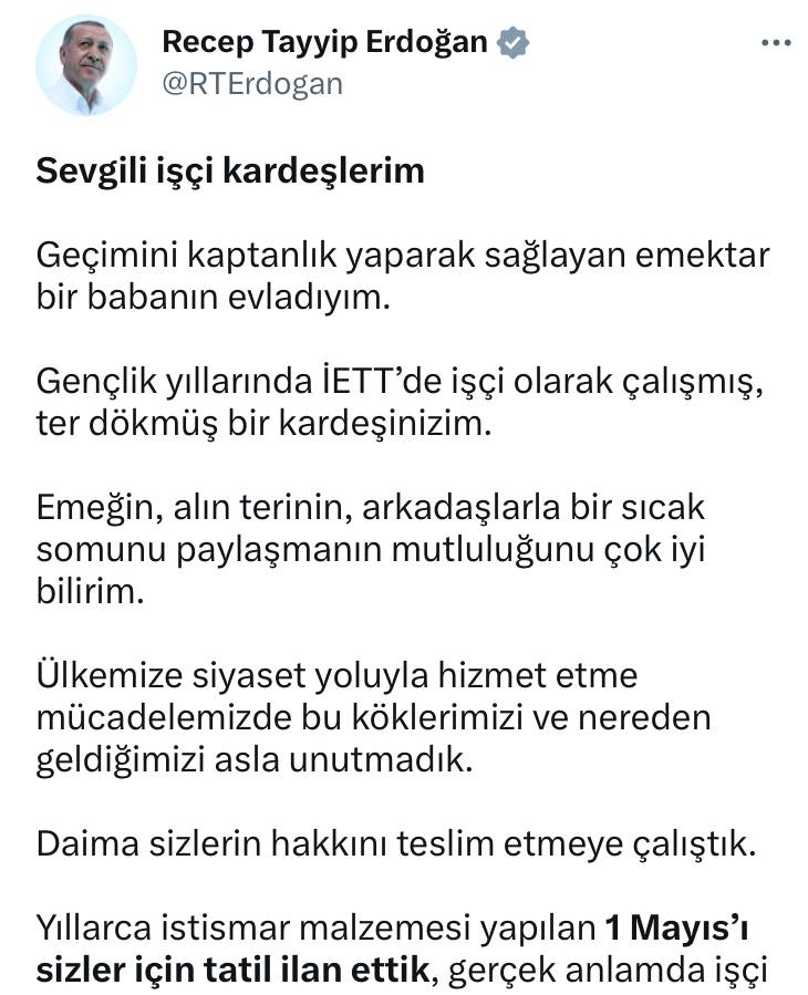 Cumhurbaşkanı Recep Tayyip Erdoğan'ın 1 Mayıs Mesajı